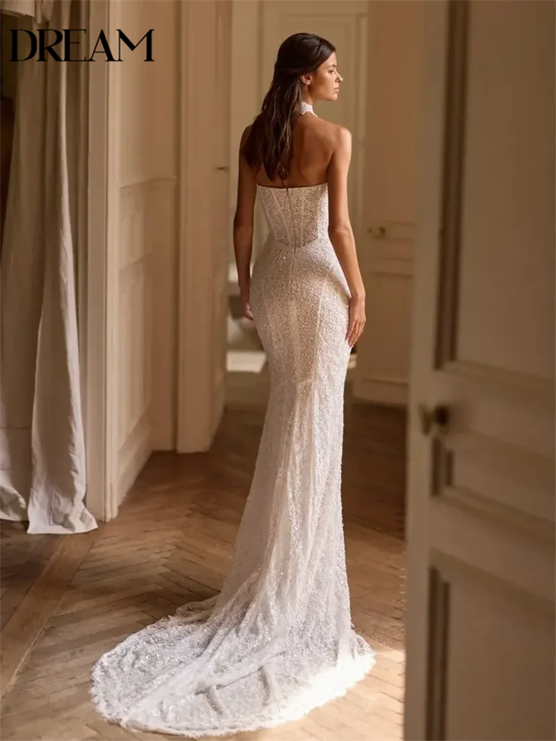 DREAM Fashion Lace Tight Long Wedding Dress Pearl Beads Bareback Bridal Gown Vestido De Noiva Customized