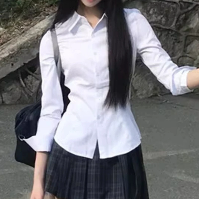 Harajuku Y2K Camicia bianca slim fit Donna 2025 Vita dimagrante Manica lunga Camicie Jk Donna All Match Colletto rovesciato Camicetta chic
