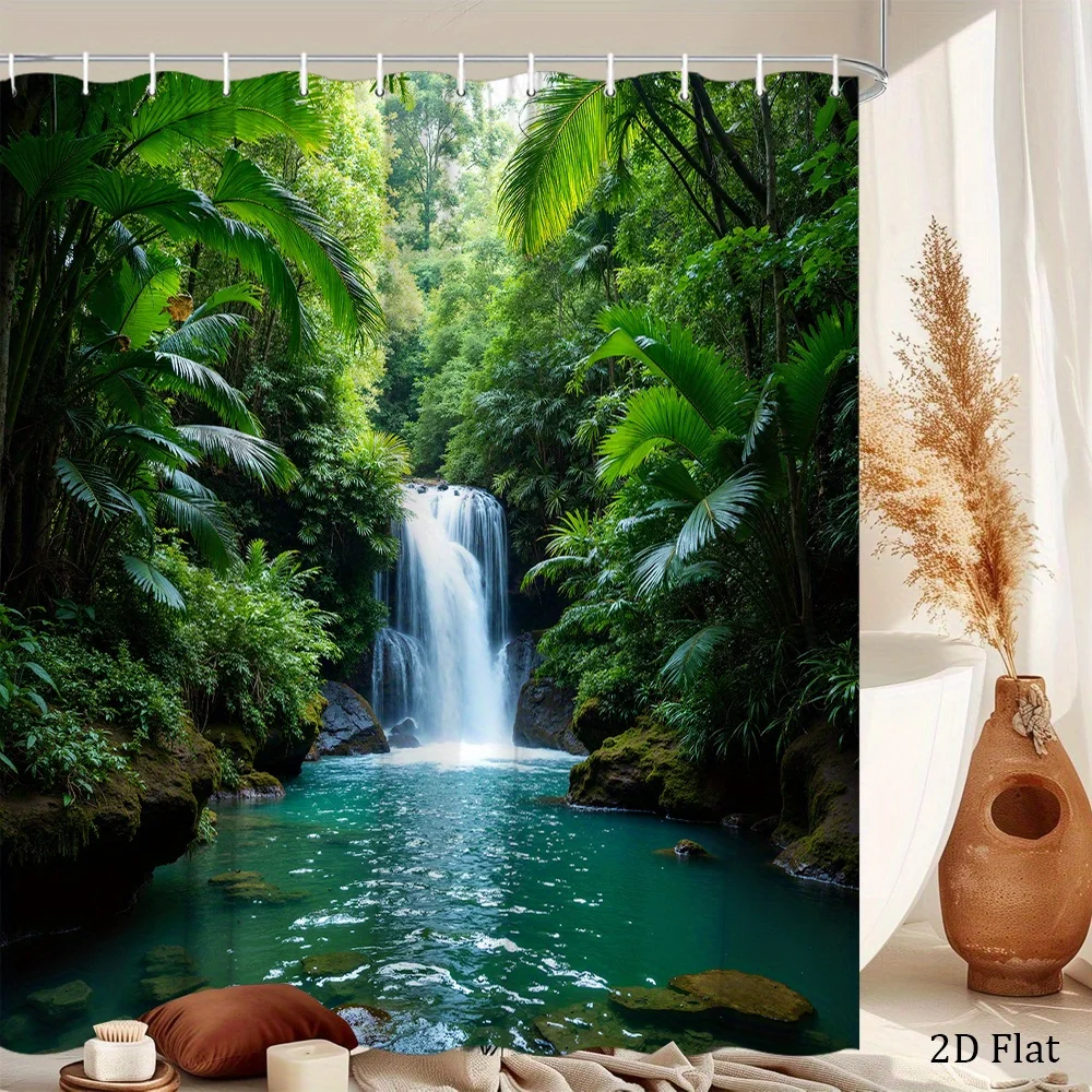 Lush Tropical Jungle Waterfall Shower Curtain Liner Waterproof Nature Decor for Bathroom Home Luxury Accent
