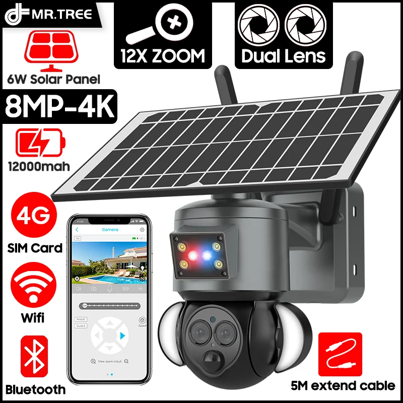 

4K 8MP Solar PTZ Camera WIFI Dual Lens Security CCTV 12XZoom Humanoid Tracking Record 4G SIM Outdoor wireless Surveillance Cam