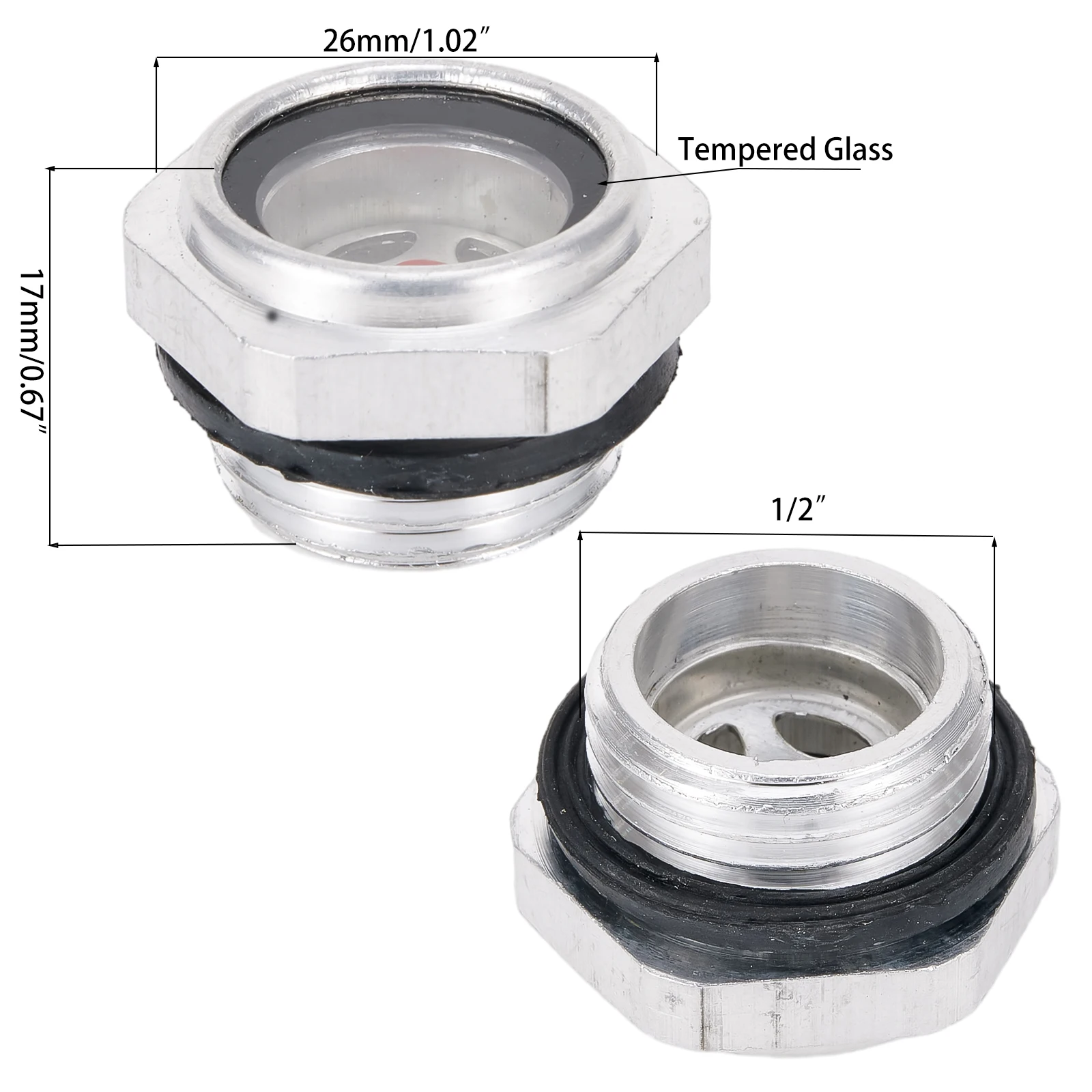 Aluminum Oil Level Sight Glass, 1/2 Thread Size, Tempered Glass, Suitable for Numerical Control Machines, Hydraulic Presses