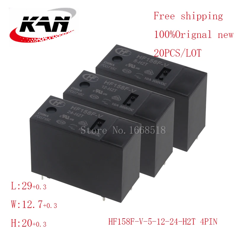 

Free shipping 20pcs relay HF158F-V-5-H2T HF158F-V-12-H2T HF158F-V-24-H2T 5VDC 12VDC 24VDC 10A 300VDC 4PIN Original New