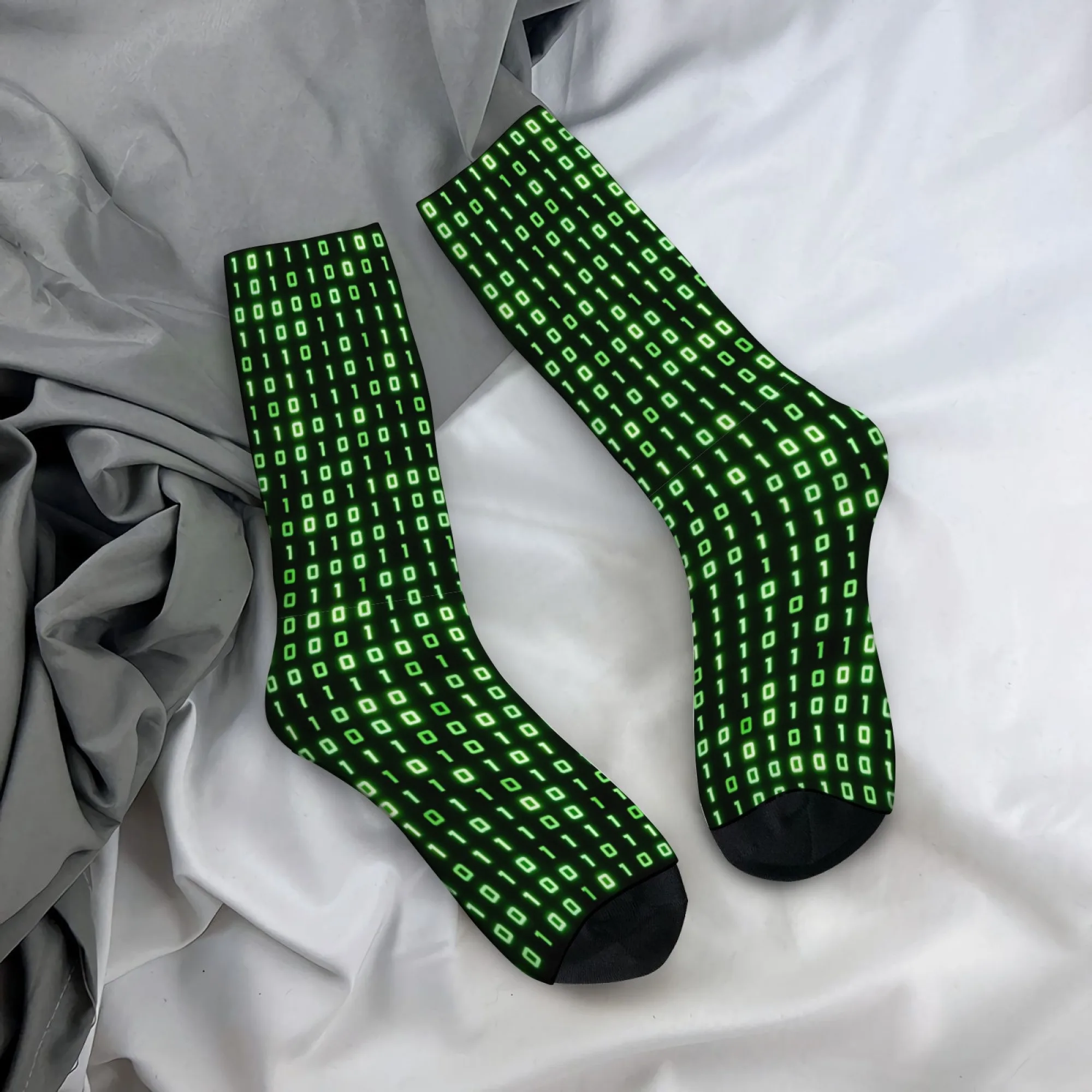 Cyberpunk Green Digital Rain Print Mid-calf Socks Tech-savvy and Geeky Perfect for IT Professionals Comfortable Soft Daily Wear