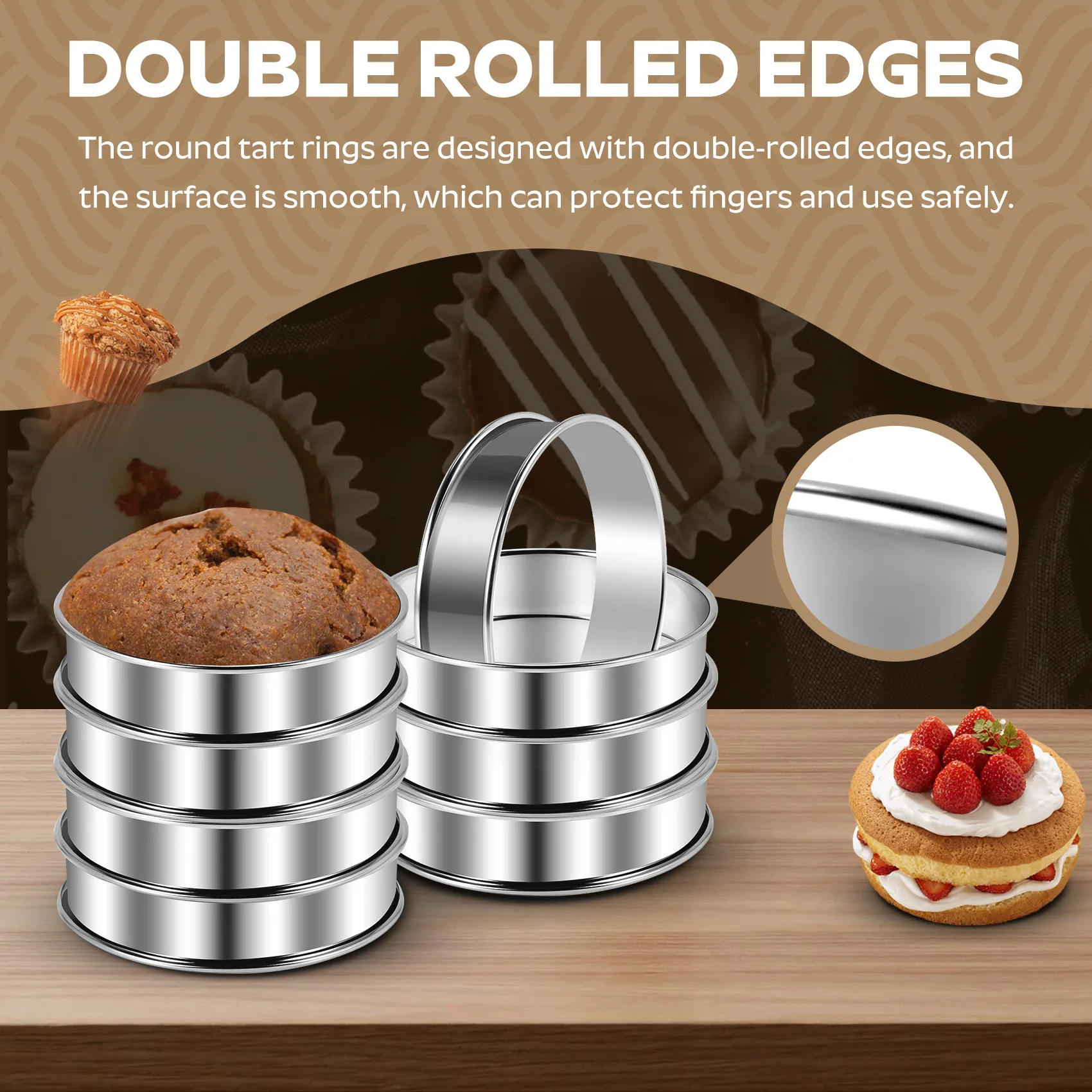 Unique! 8 Pcs 4.1 Inch Muffin Tart Rings Double Tart Ring Stainless Steel Round Ring Mold for Home Cooking Baking Tools