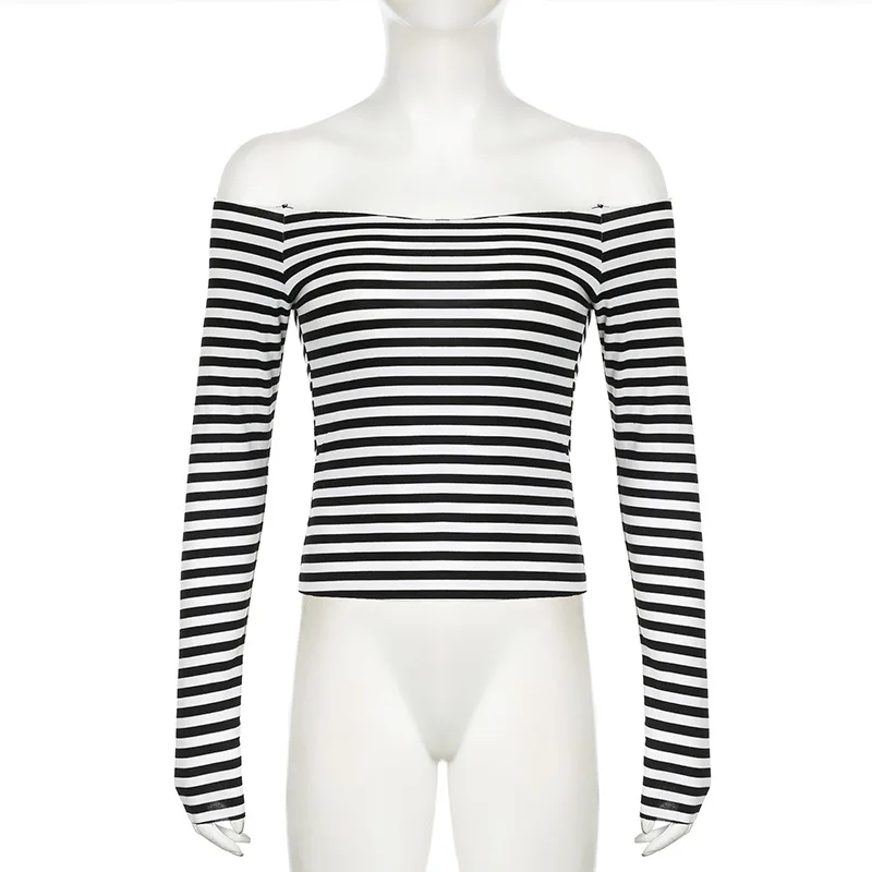 Autumn sexy off shoulder long sleeved black white contrasting color stripes slash neck T-shirt