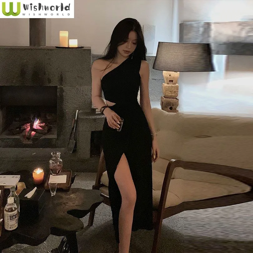 Letnia nowa ukośna sukienka na ramiączkach z wysokim stanem i rozcięciem Seksowna obcisła sukienka Koreańska elegancka damska sukienka na specjalne okazje