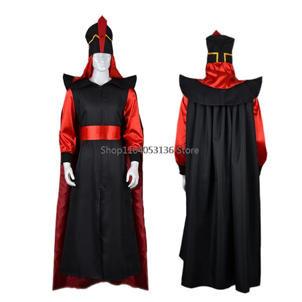 Film Jafar Cosplay Kostuum Jumpsuit Mantel Met Hoed Voor Mannen Vrouwen Outfits Halloween Carnaval Feest Roleplay Pak