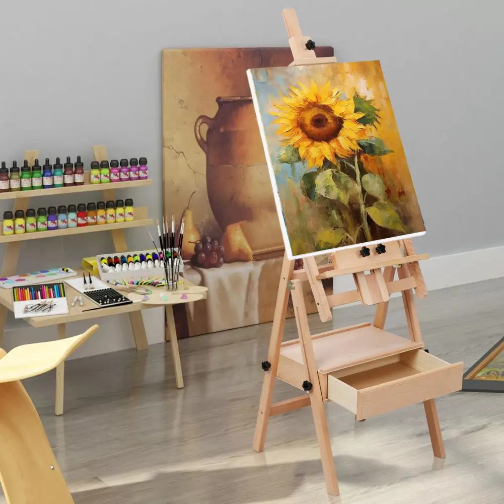 Adjustable Height & Angle H-Frame French Easel With Casters – Solid Beech Wood, Tilts Flat For Canvas Painting