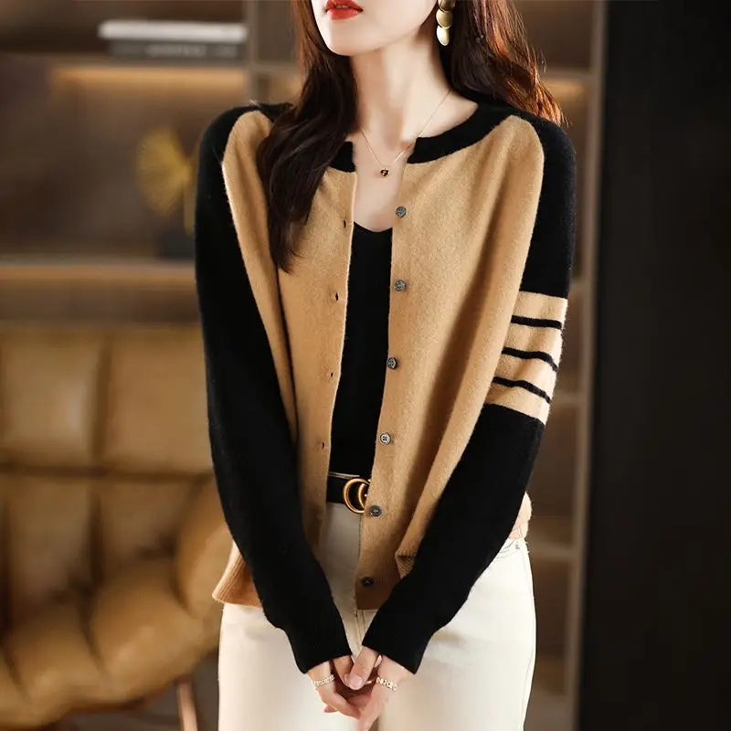 Spring and Autumn Women\'s Round Neck Color Block Screw Thread Cardigan Loose Knitted Casual Fashion Elegant Long Sleeve Tops