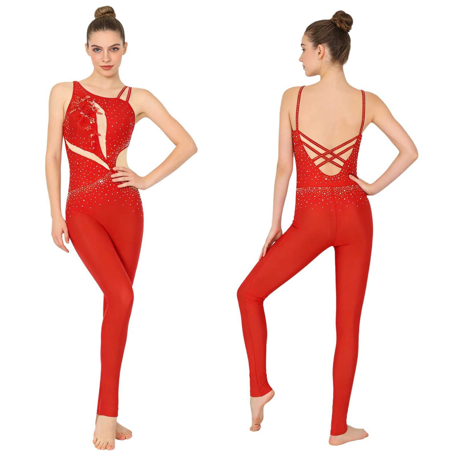 Women Gymnastics Leotard Figure Skating Ballet Dance Acrobatics Unitard Jumpsuit Shiny Rhinestones Applique Sheer Mesh Bodysuit