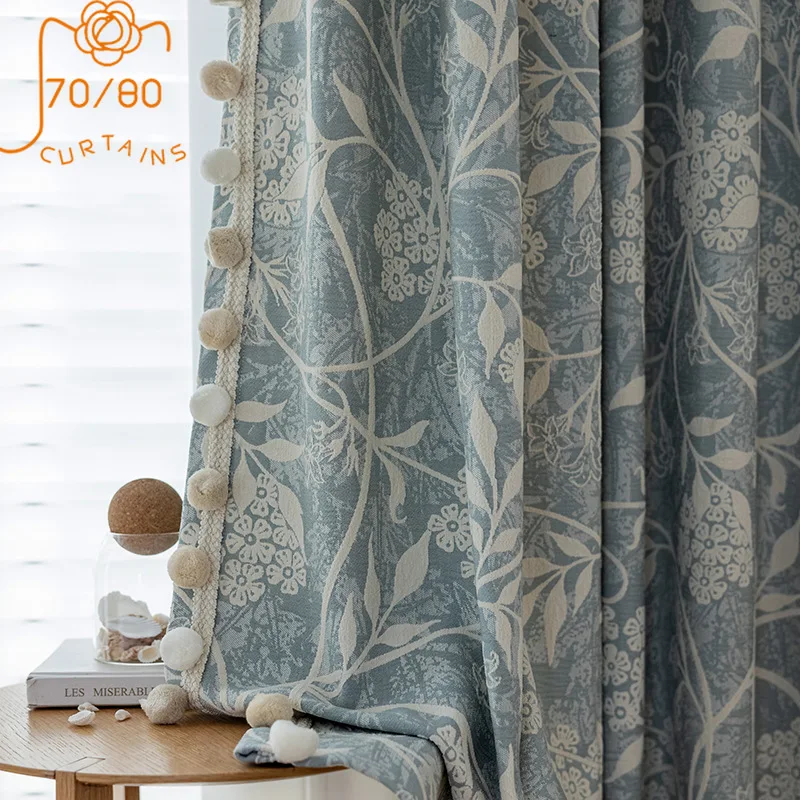 

Customized Blue Plant Jacquard Thickened Chenille Blackout Curtains for Living Room Bedroom French Window Balcony Bay Window