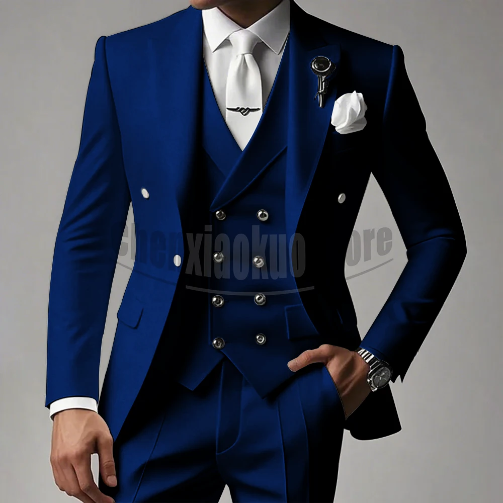 White Men Suits 3 Piece High-end Peak Lapel Solid Color Male Suit Slim Fashion Party Groom Wedding Tuxedos (Blazer+Vest+Pants)