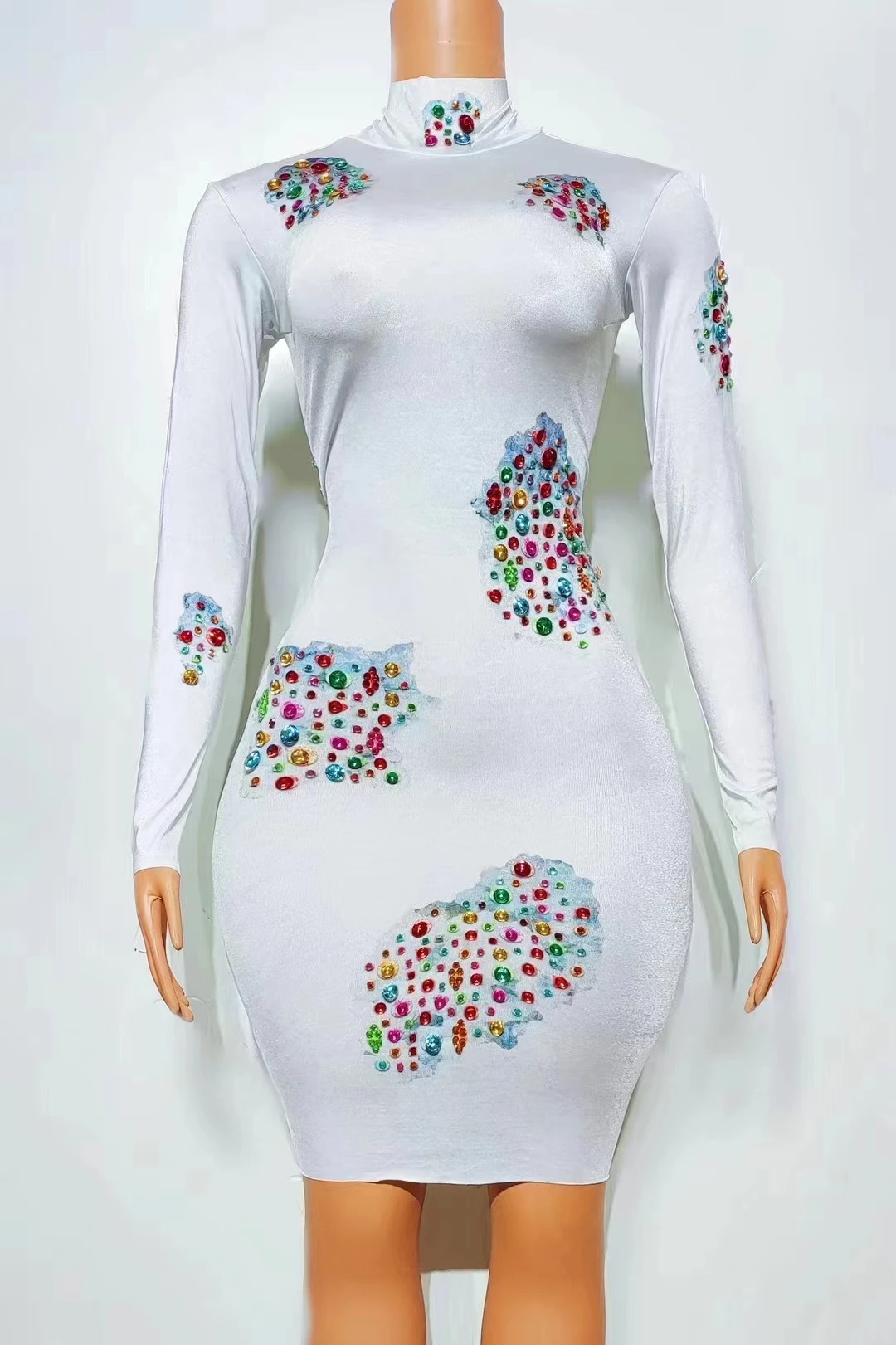 

Women Colorful Rhinestones Pattern White Dress Costume Birthday Prom Performance Dance Outfit Bar Evening Singer Dancewear