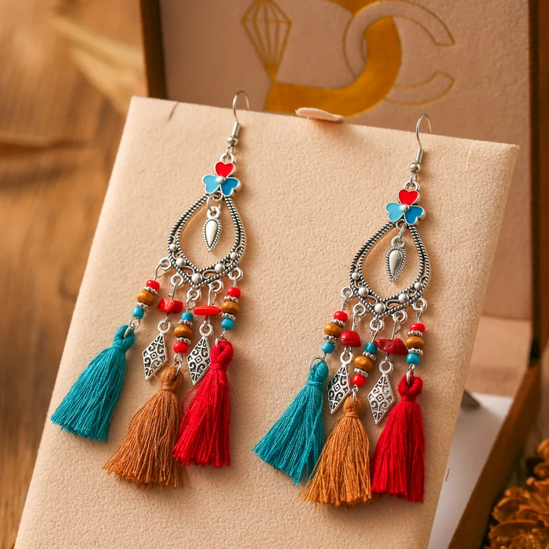 Fashion Bohemian Heart Flower Enamel Geometric Tassel Earrings For Women Irregular Stone Beads Handmade Boho Wedding Jewelry