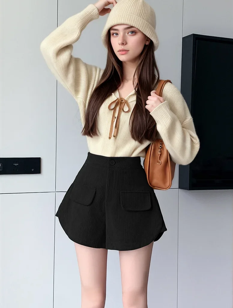 

Pop Vintage Black Loose Wide Leg Corduroy Shorts Womens High Waist Casual Thicken Winter Short Pants Female