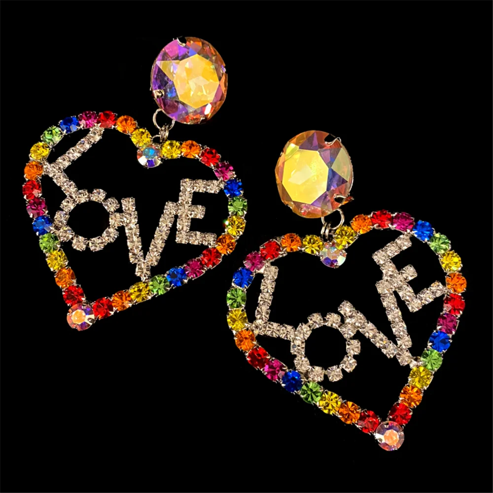 Boho Exaggerated LOVE Fashion Earrings Light Luxury Earrings For Women Big Heart Pendant Crystal Drop Dangle Earring Jewelry