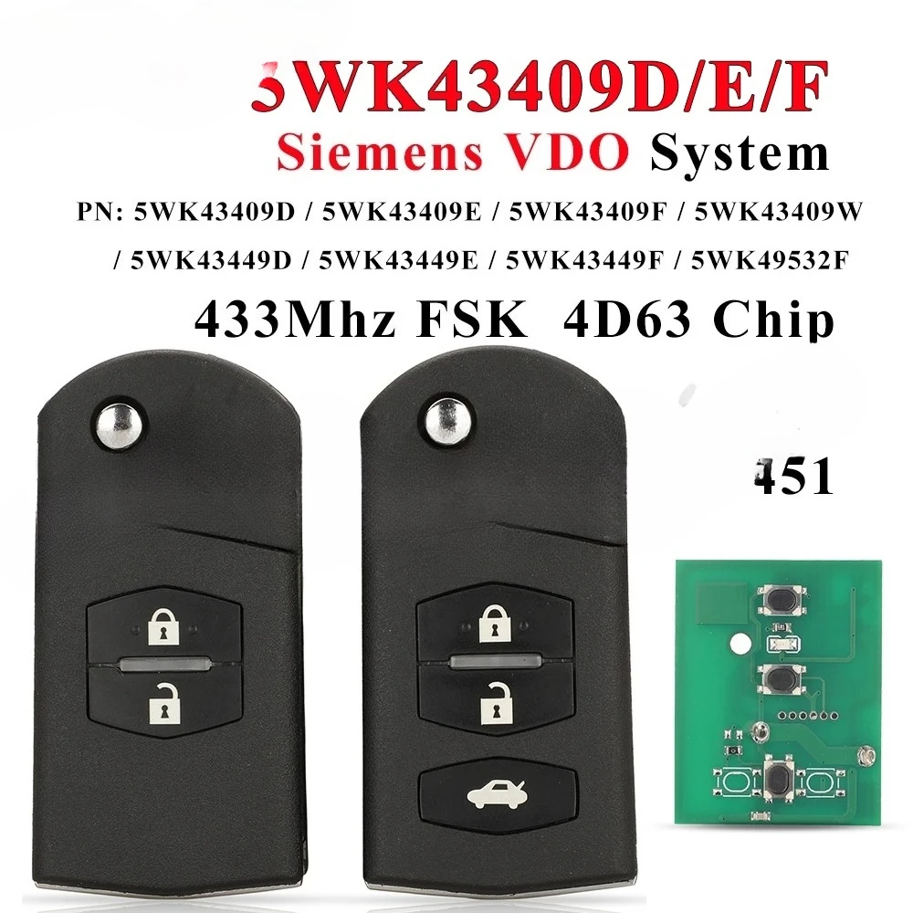 

Откидной автомобильный дистанционный ключ Siemens VDO для Mazda 2 3 5 6 CX-7 CX-9 MX-5 MPS 5WK43409D/E/F 5WK43449D/E/F 5WK49532F 433 МГц 4D63