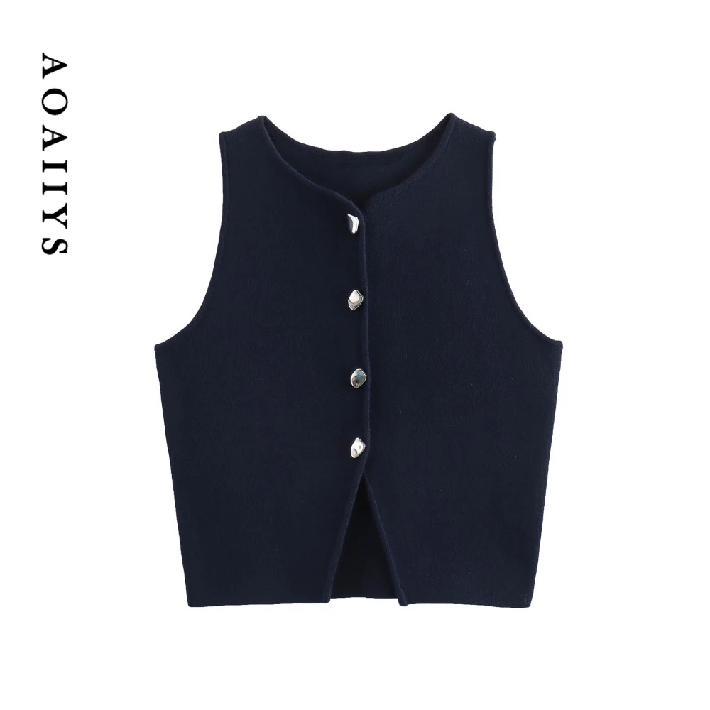 Aoaiiys Solid Knitted Vest for Women Sweater Vest Basic O-Neck Single Breasted Sleeveless Female Waistcoat Slim New Fashion Tops