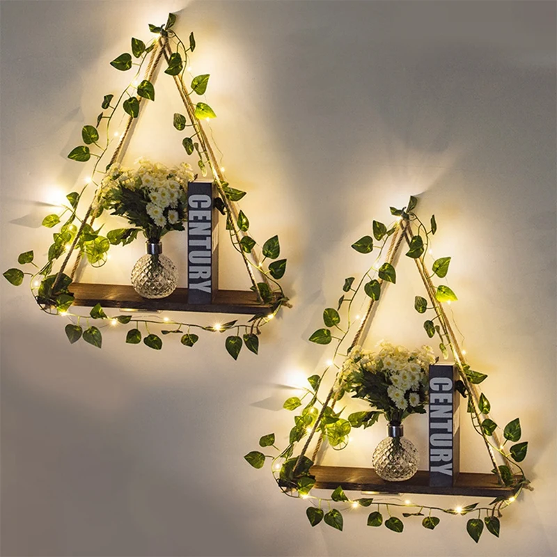 

Simulated Green Plant LED Light Wooden Wall Hanging Hanging Plant Stand Macrame Shelf For Bedroom Living Room Kitchen