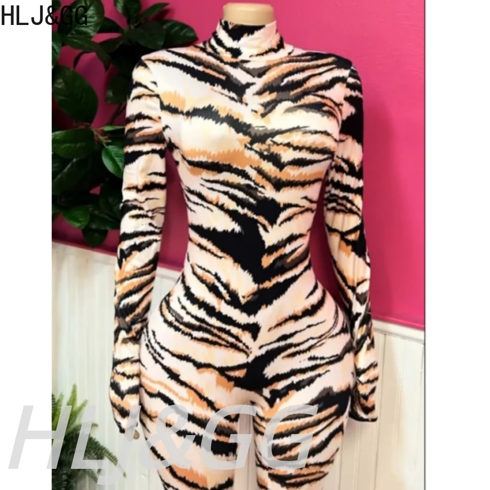 HLJ&GG Modische Tiger-Print Bodycon Einteiler-Sets für Damen, Hochkragen, Langarm, Schlanke Playsuits, Sommer-Streetwear 2026