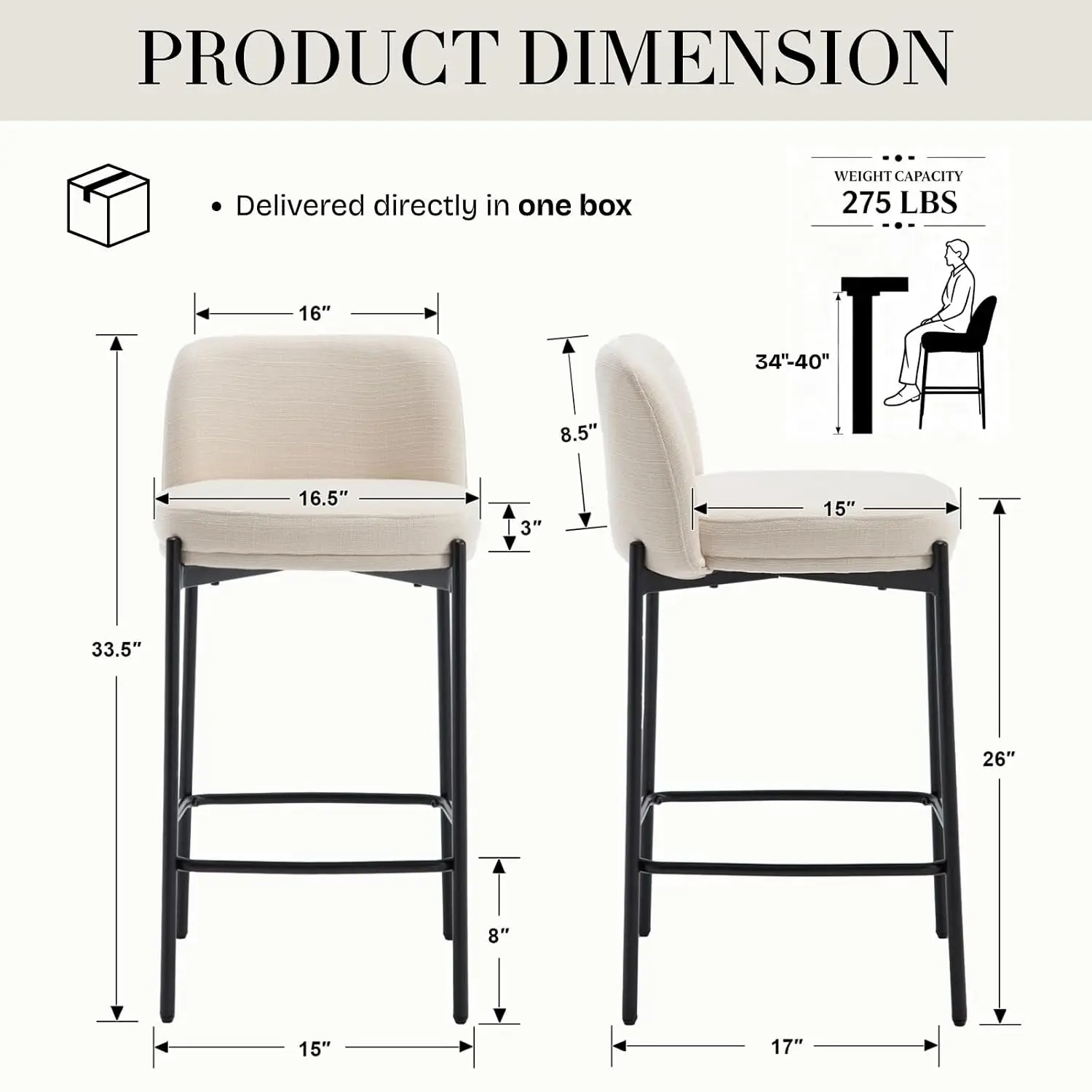 26 Inch Counter Height Bar Stools Set of 3 Modern Beige, Customized