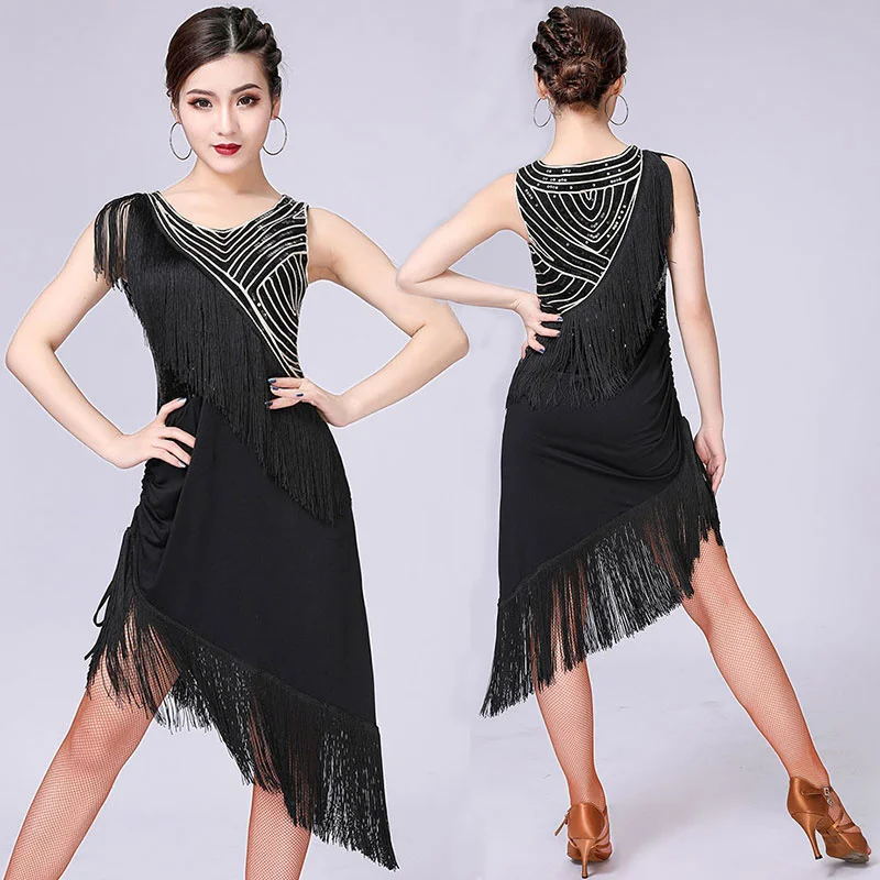 

Women Latin Dance Costumes Salsa Dance Costume Tango Dancing Wear Black Tassel Latin Dance Dresses