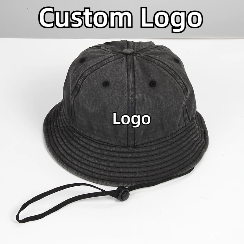 

Custom Logo Print Pure Cotton Sun Bucket Hat Men Women Plus Size Removable Windbreak Rope High Quality Basin Hat