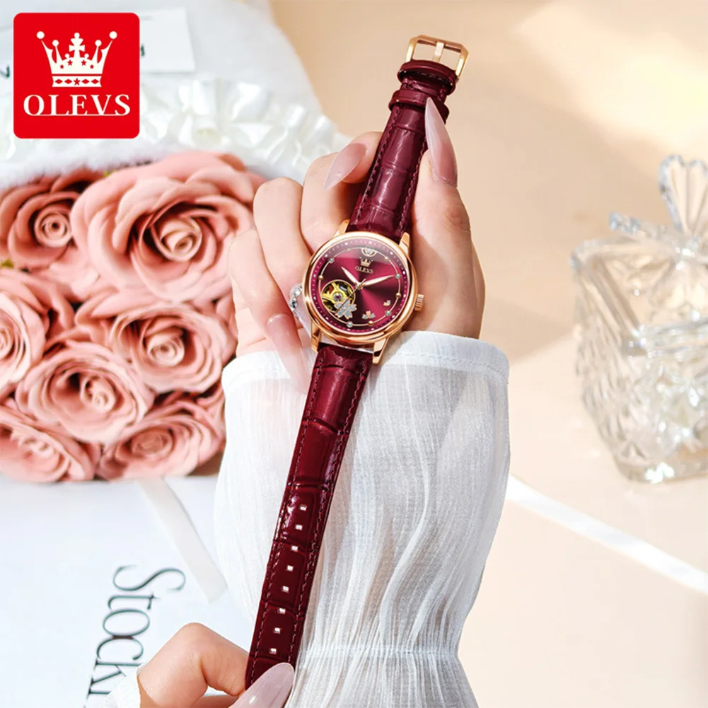 OLEVS 6732 Top Brand Elegance Ladies Automatic Wristwatch Hollowed Luminous Luxury Original Mechancial Watch for Women