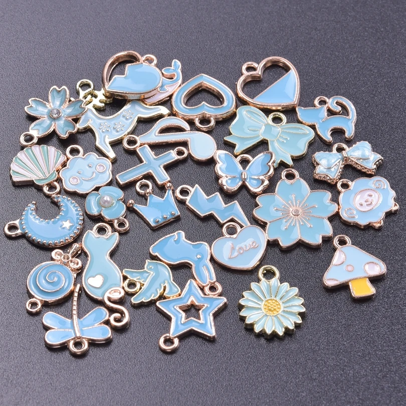 50pcs DIY Blue Enamel Charm Pendant Cute Mushroom Animal Heart Different Style Accessories Pendants For Jewelry Making Supplies