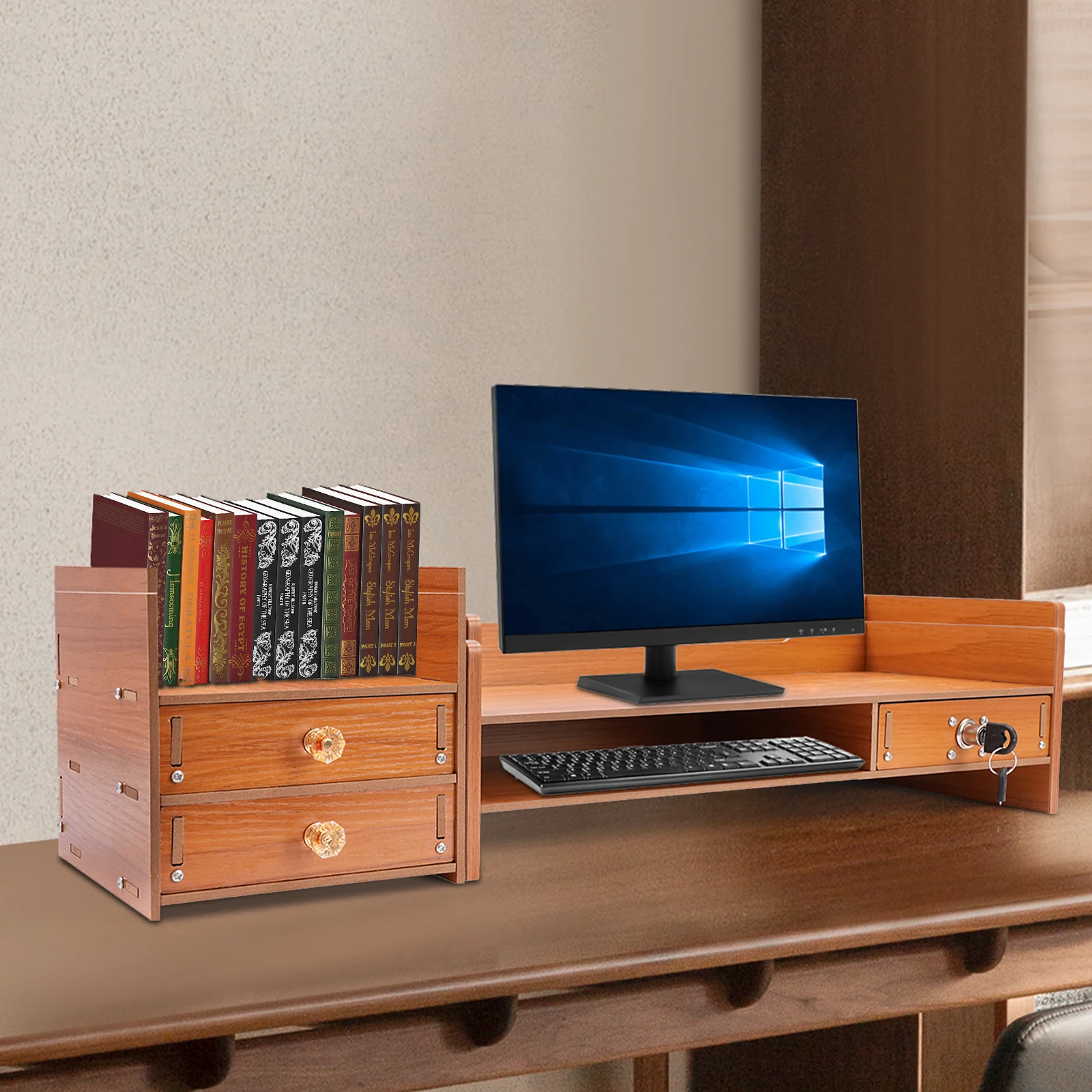 

Tabletop Computer Monitor Stand, Computer Rack with Drawers, Phone Holder, Monitor Stand for Study, Office, and Desk