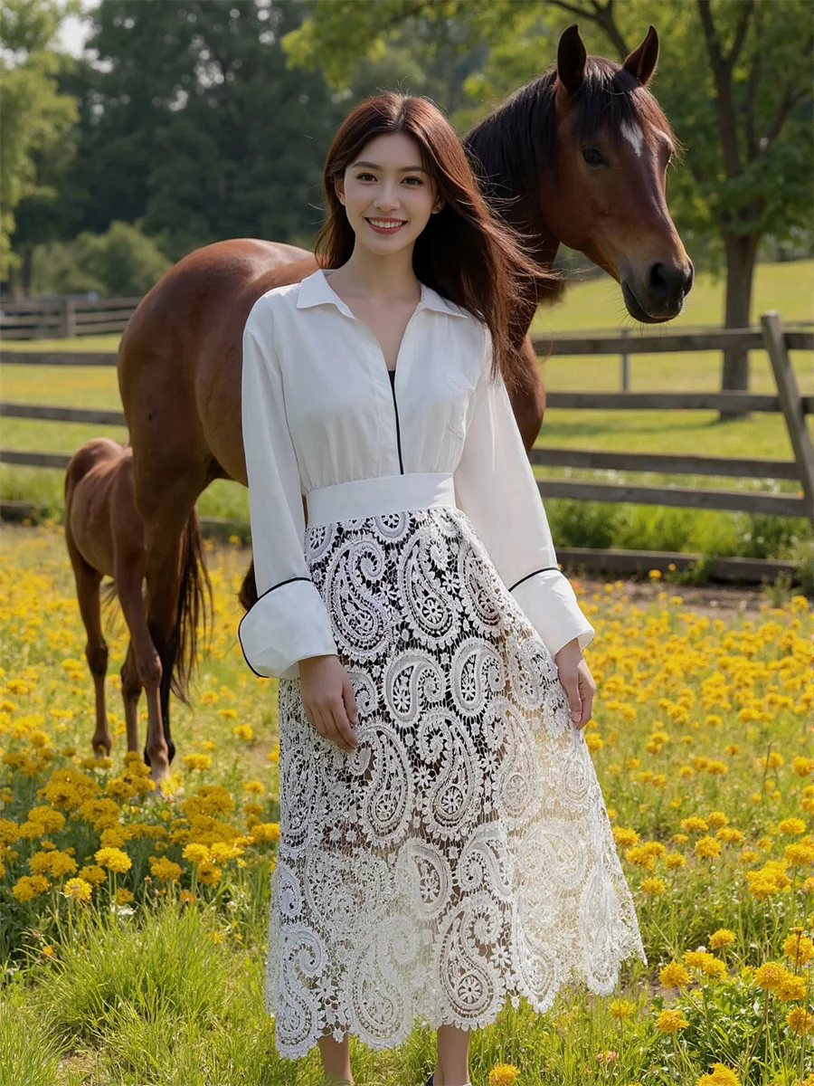 

Midi Lace Vintage Skirts Women Velvet Patchwork High Flare Artistic Modern Summer Feminina Lightweight Unique Soft Printed Fancy