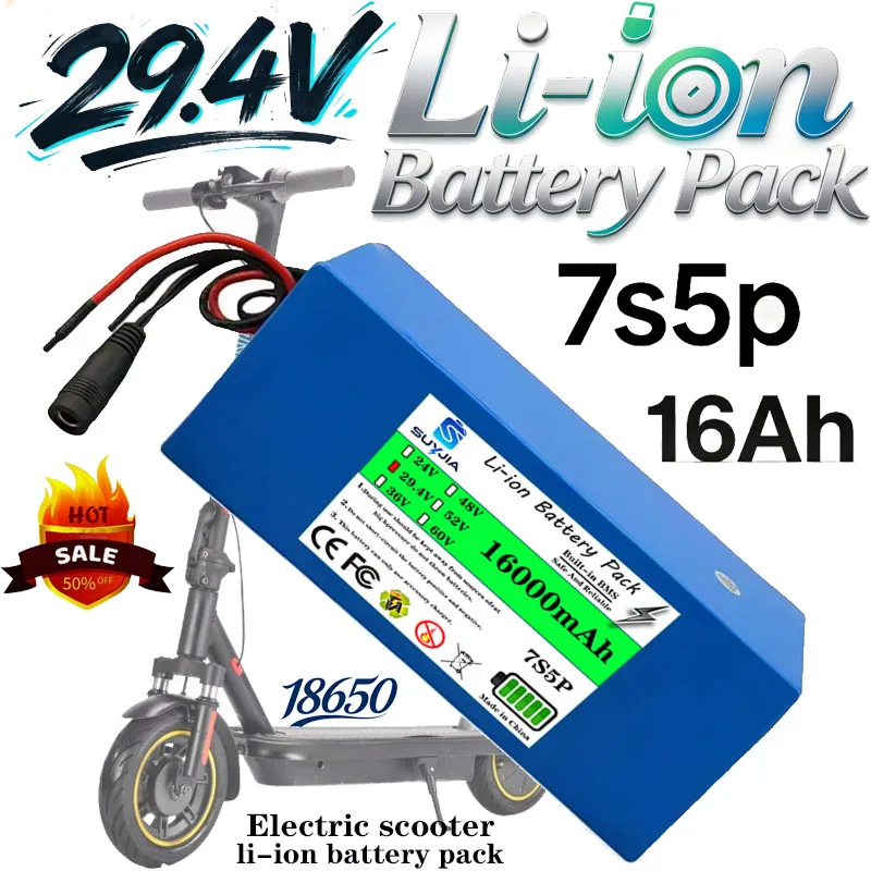 18650 7S5P 24V 16Ah Battery Pack 500W 29.4V 16000mAh Electric Scooter Lithium-Ion Battery Built-in BMS