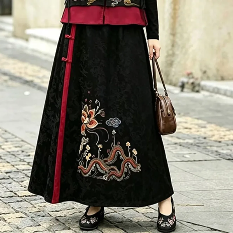 New Chinese Style Embroidered Half-length Skirt Women's Autumnal Ethnic Collar Red Edged Patchwork Elastic Waist Maxi Skirt
