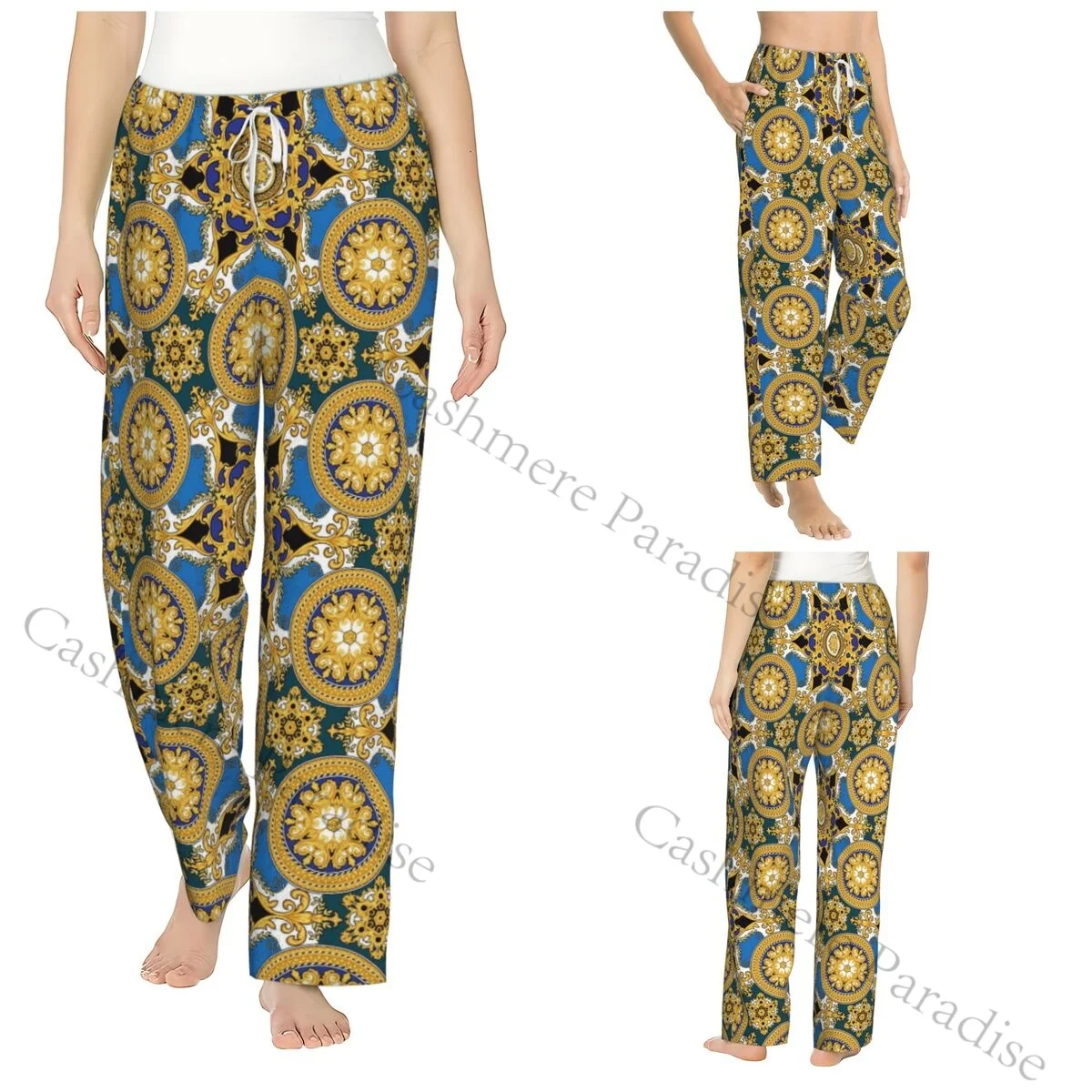

Golden Luxury Baroque Flannel Pajama Pants for Women Soft Warm Sleep Pants with Elastic Waistband