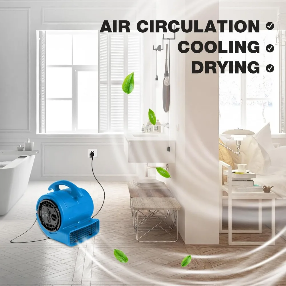 Вентилятор Air Mover мощностью 1/5 л.с., 800 куб. футов в минуту, вентилятор для сушки ковров и пола — 3-скоростной компактный воздухоотвод с двойным выходом, шнур питания 10 футов