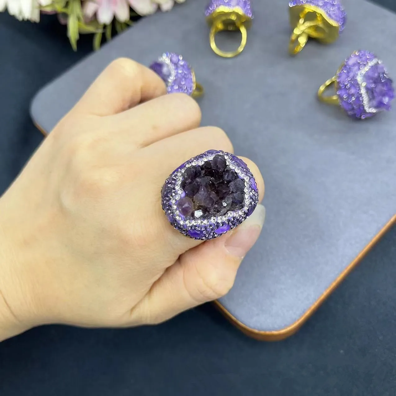 Natural Amethyst Rhinestone Rough Stone Ring Personality Fashion Women\'s Wedding Banquet Finger Jewelry