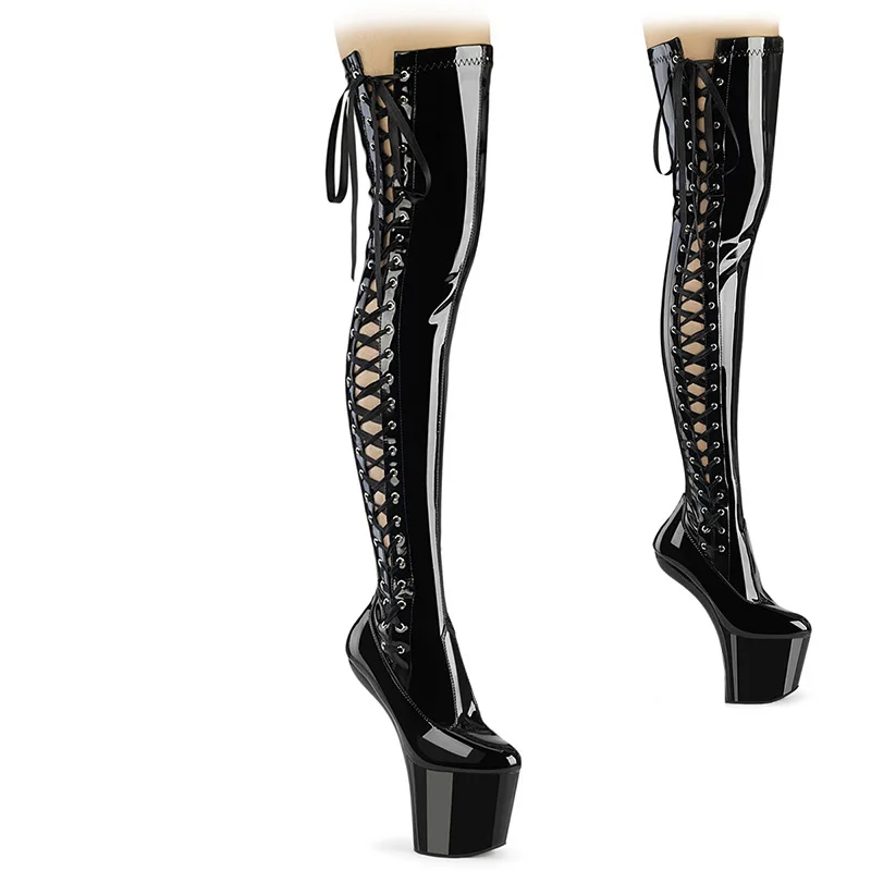 8 Inch High Heel Platform Exotic Pole Dancing Lace-Up Overknee Fetish Boots Size34-46 Black Shiny Matt In Stock Fast Shipping