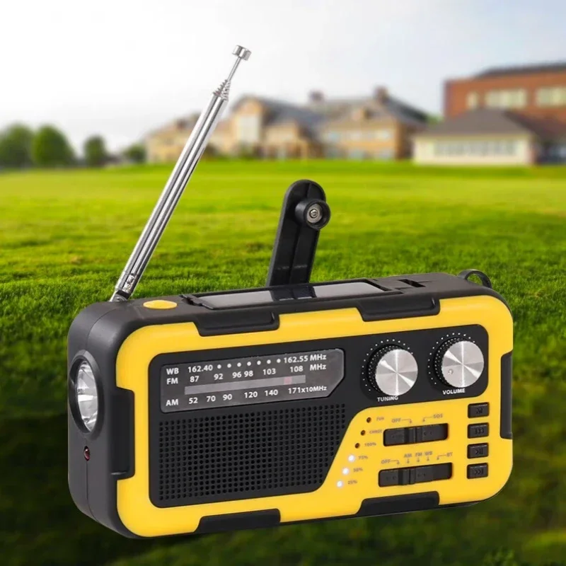 

Emergency Weather Alert Radio AM/FM/WB Hand Crank Wind Up/USB-C/Solar Powered 2000mAh Power Bank Wireless Blue Tooth Speakers