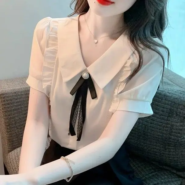 

French Style Short Sleeve Chiffon Blouse Women's Summer New Design Bubble Sleeve Fashion Casual Top