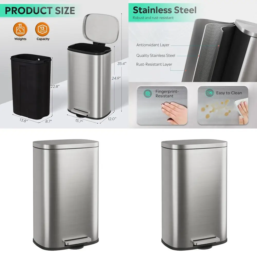 

Корзина для мусора из нержавеющей стали серебристого цвета 50 л с мягкой крышкой и внутренним ведром для дома, кухни, прачечной, офисного использования