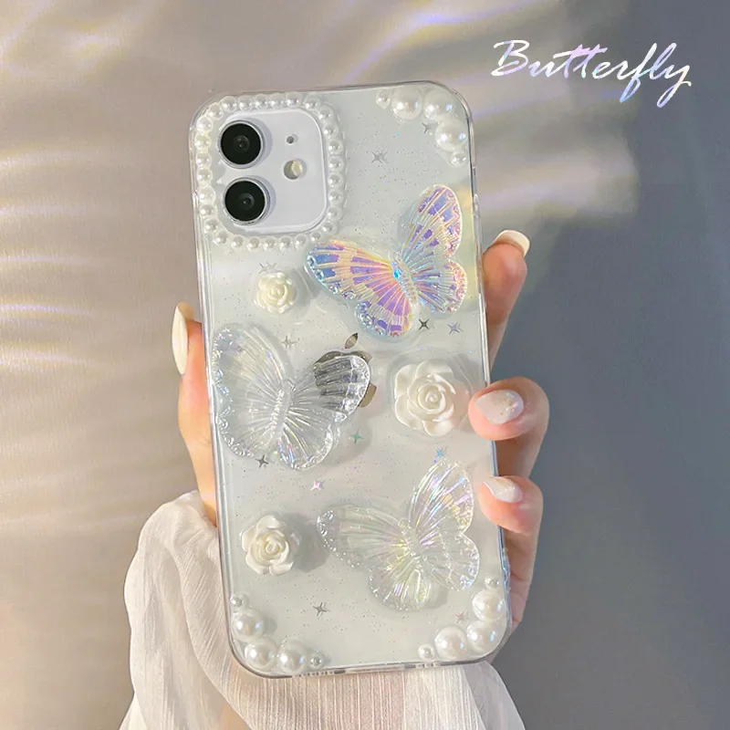 Illusory Color Stereoscopic Pearl Butterfly Flower Cover Case For iPhone 16 15 14 13 12 11 Pro Max 8 7 Plus Xsmax XR X Mini