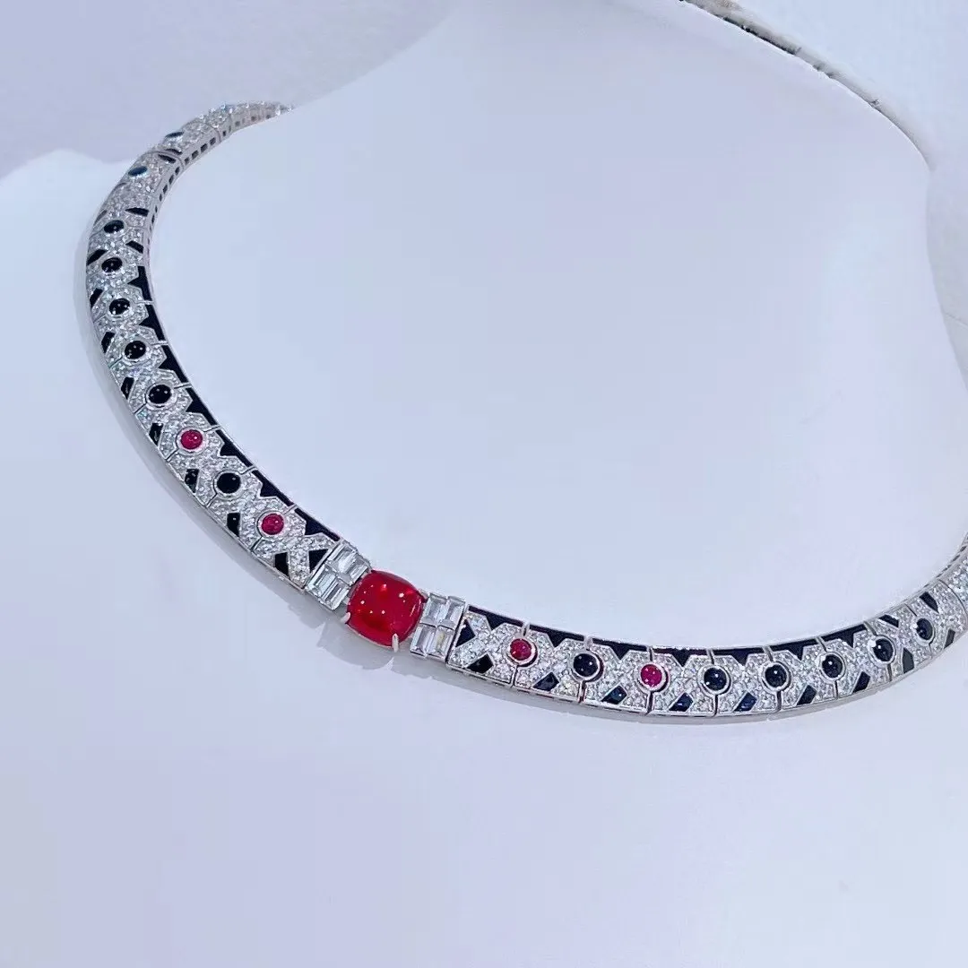 925 الفضة الأسود المينا الاصطناعية الأحجار الكريمة الحمراء الكربون الماس النمر ليوبارد طباعة المختنق سلسلة قلادة غرامة مجوهرات فاخرة