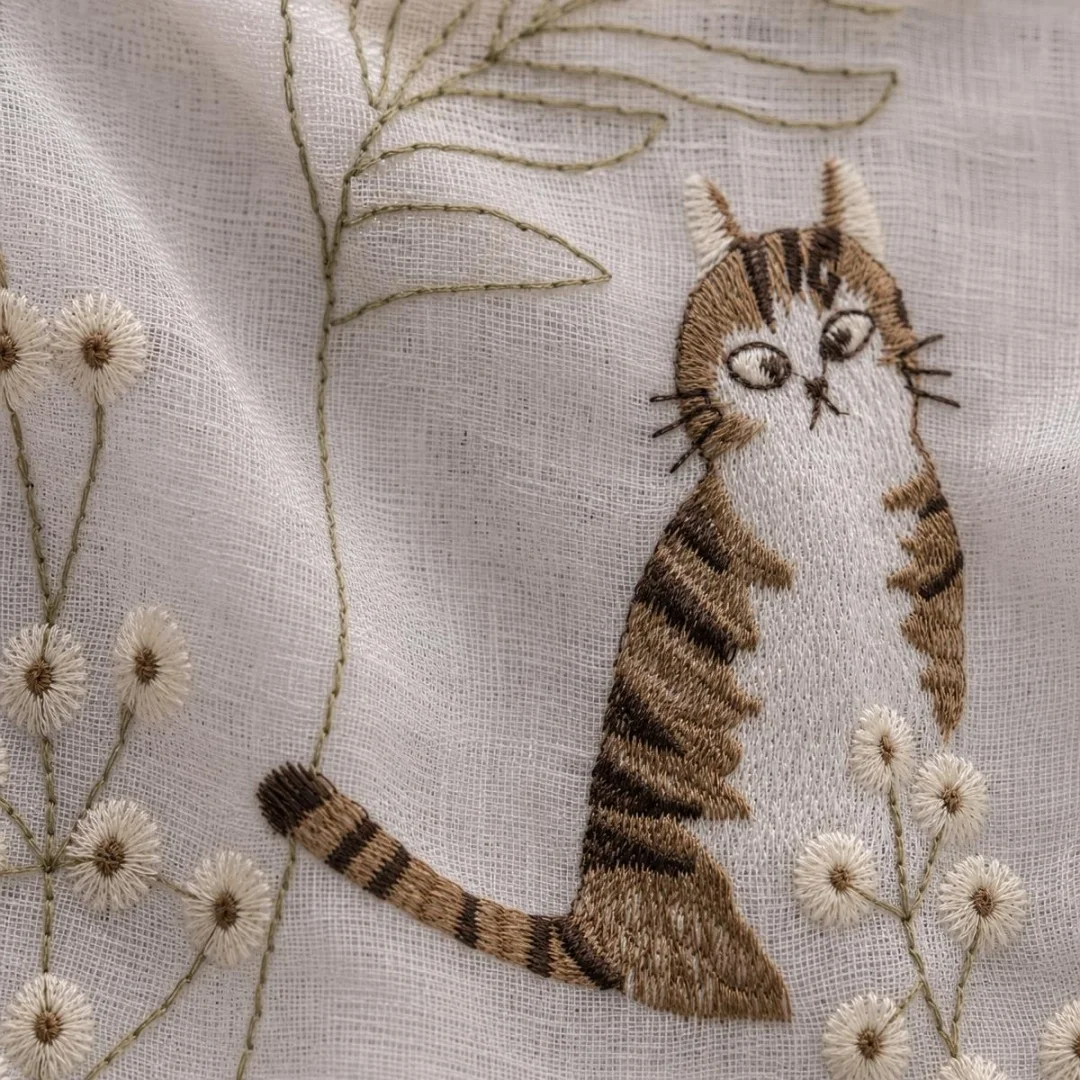 Cute Cat Floral Embroidered Sheer Curtain,Linen‑texture Voile Drapes,Animal Plant Window Curtain for Living Room Bedroom Home De