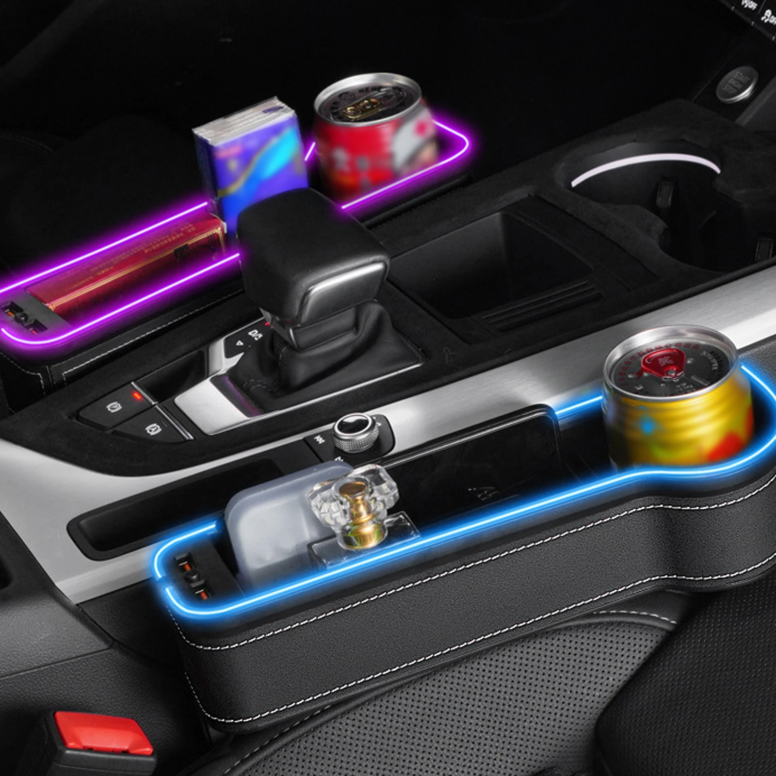 

Dual USB Charging Car Crevice Storage Box Colorful LED Seat Gap Slit Pocket Catcher Seat Organizer Card Phone Bottle Cups Holder