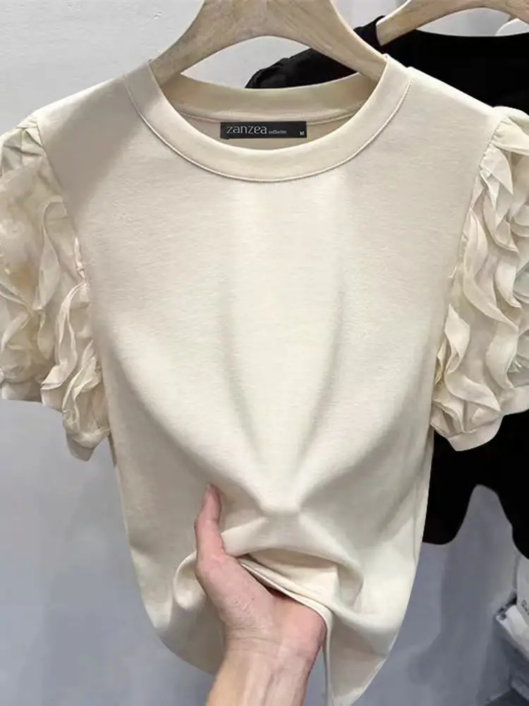 ZANZEA-Blusa de retazos con volantes lisos para mujer, camisas de manga corta con farol de verano, túnicas Vintage de cuello redondo, Tops informales sueltos 2024