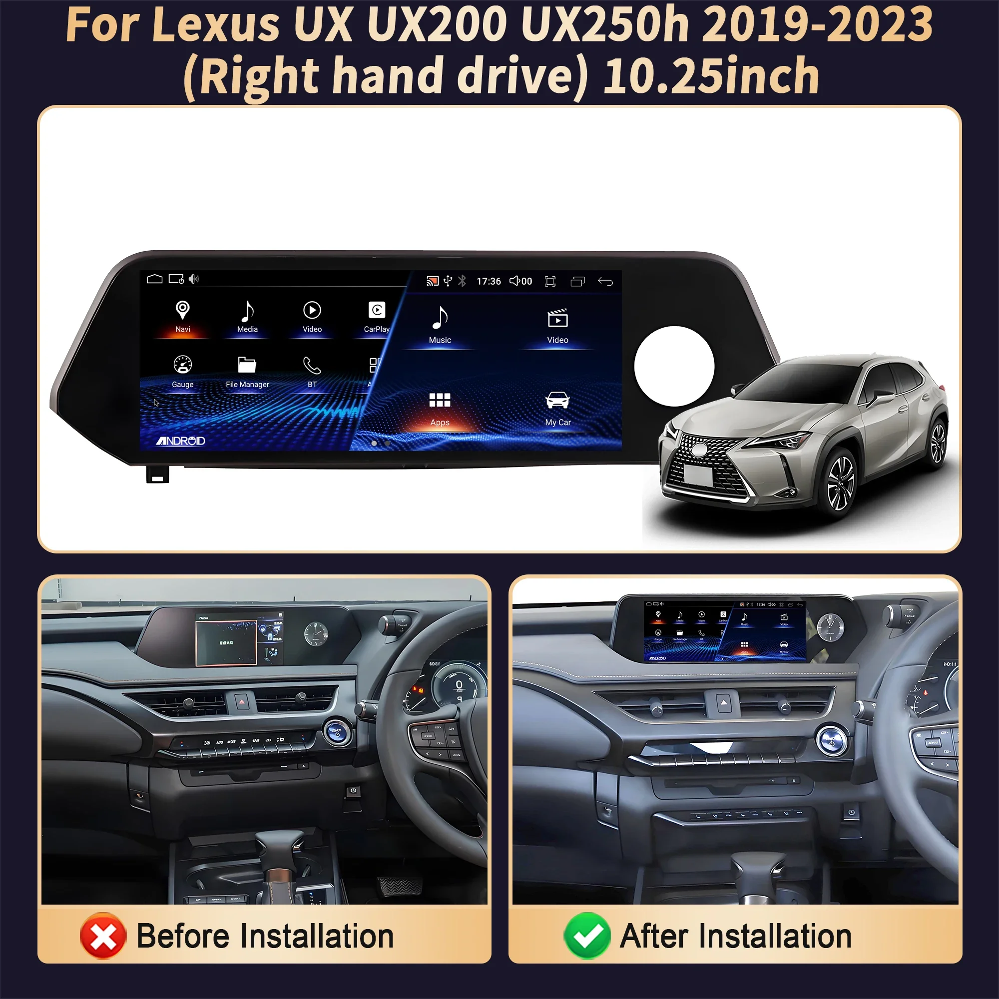 10.25inch Right Hand Drive For Lexus UX UX200 UX250h 2019-2023 Android 14 Touch Screen Carplay Car Radio GPS Navi Snapdragon 680