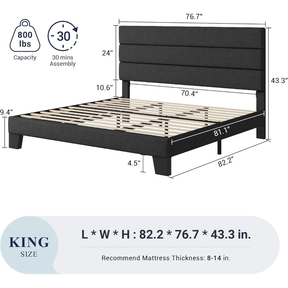 King Bed Frame Platform Bed with Fabric Upholstered Headboard and Wooden Slats Support, Fully Upholstered Mattress Foundation