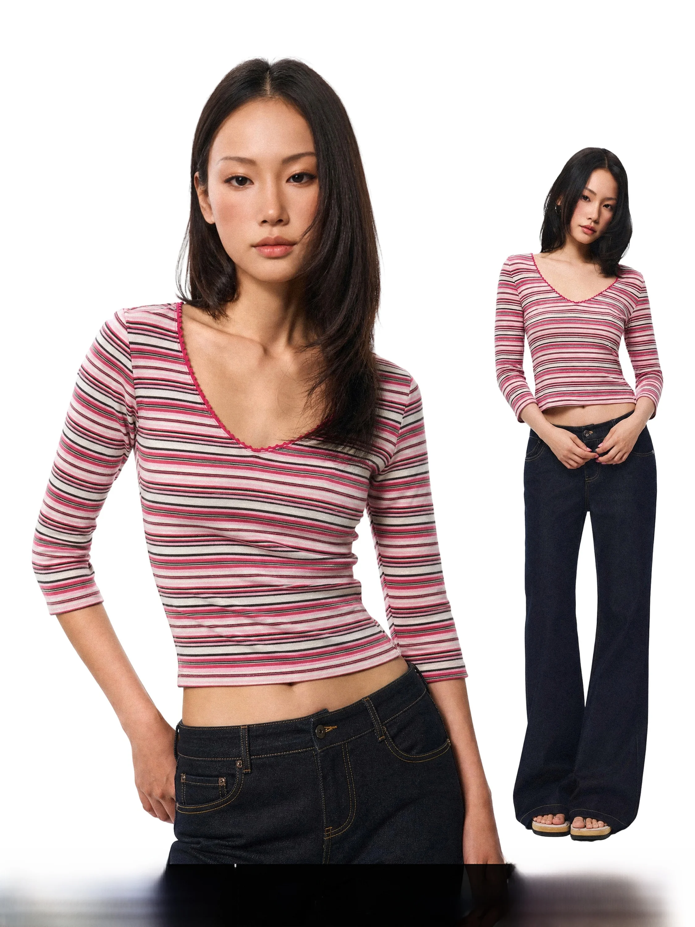 American Retro V-neck Striped Short Sleeve T-shirt Women Loose Fit Autumn New Style Casual Waist Type Top GOGO BURN