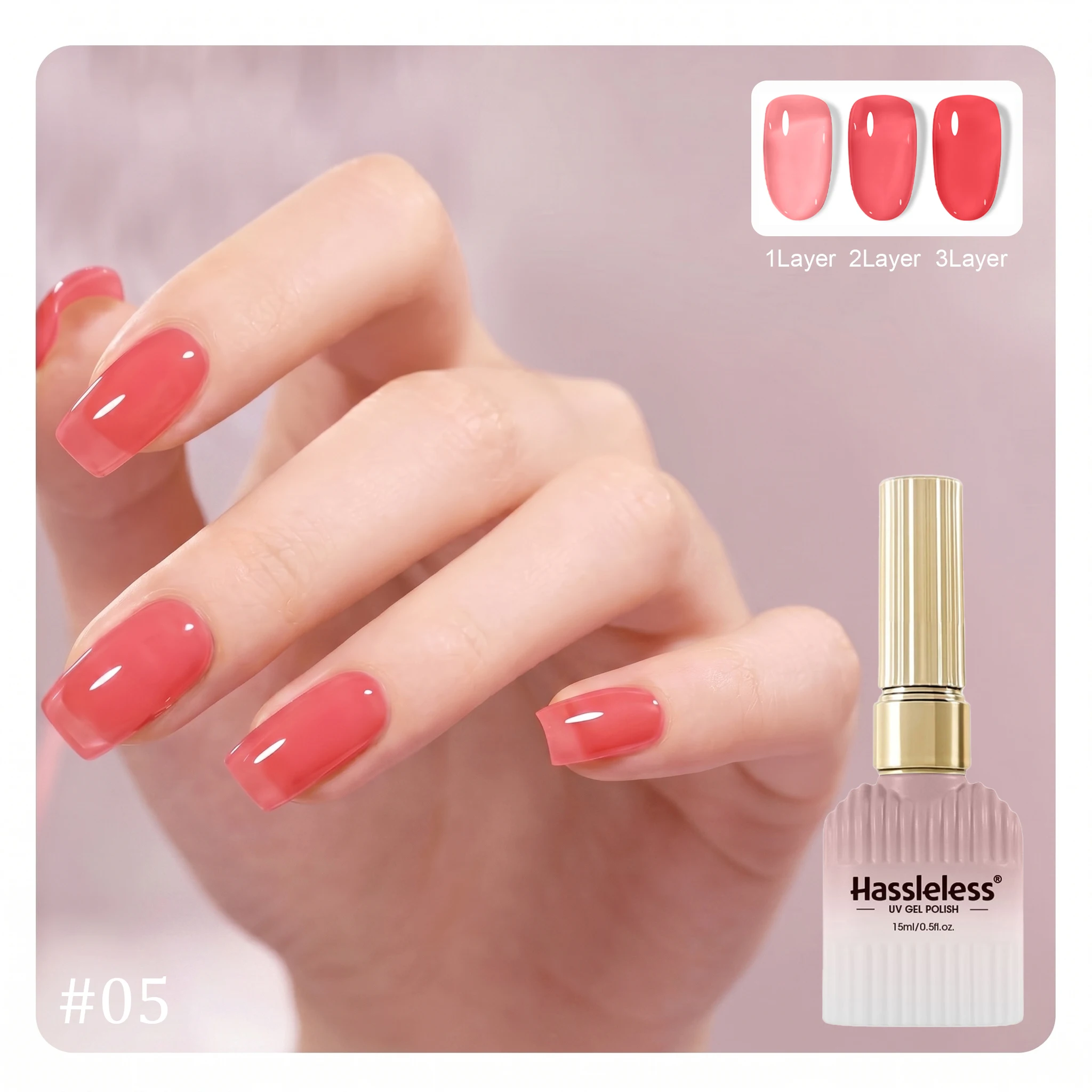 Hassleless #05 Jelly Watermelon Red UV Gel Polish, Long-Lasting Glossy Finish, Ideal Base Color for Nail Salons & Home DIY