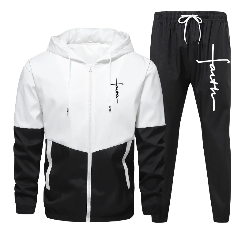 Men Sets Winter Tracksuit 2 Piece Running Hoodies Autumn Male Faith Printed Zipper Jackets  Sport Joggers Sweatpants Suit